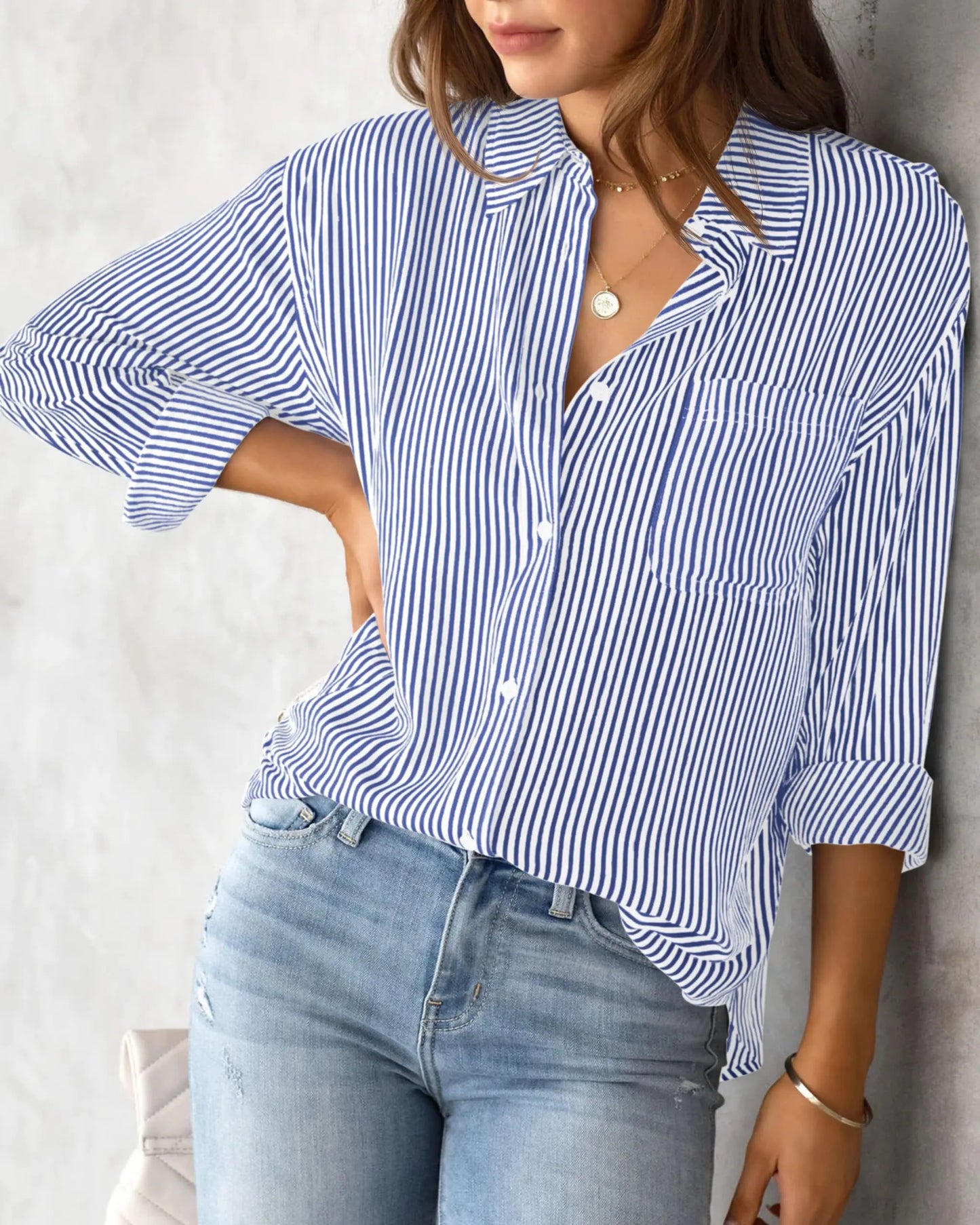 Women's Blouse Striped classic Print, Button Long Sleeve Casual  No pockets Daily Basic Shirt Fall & Winter Tops