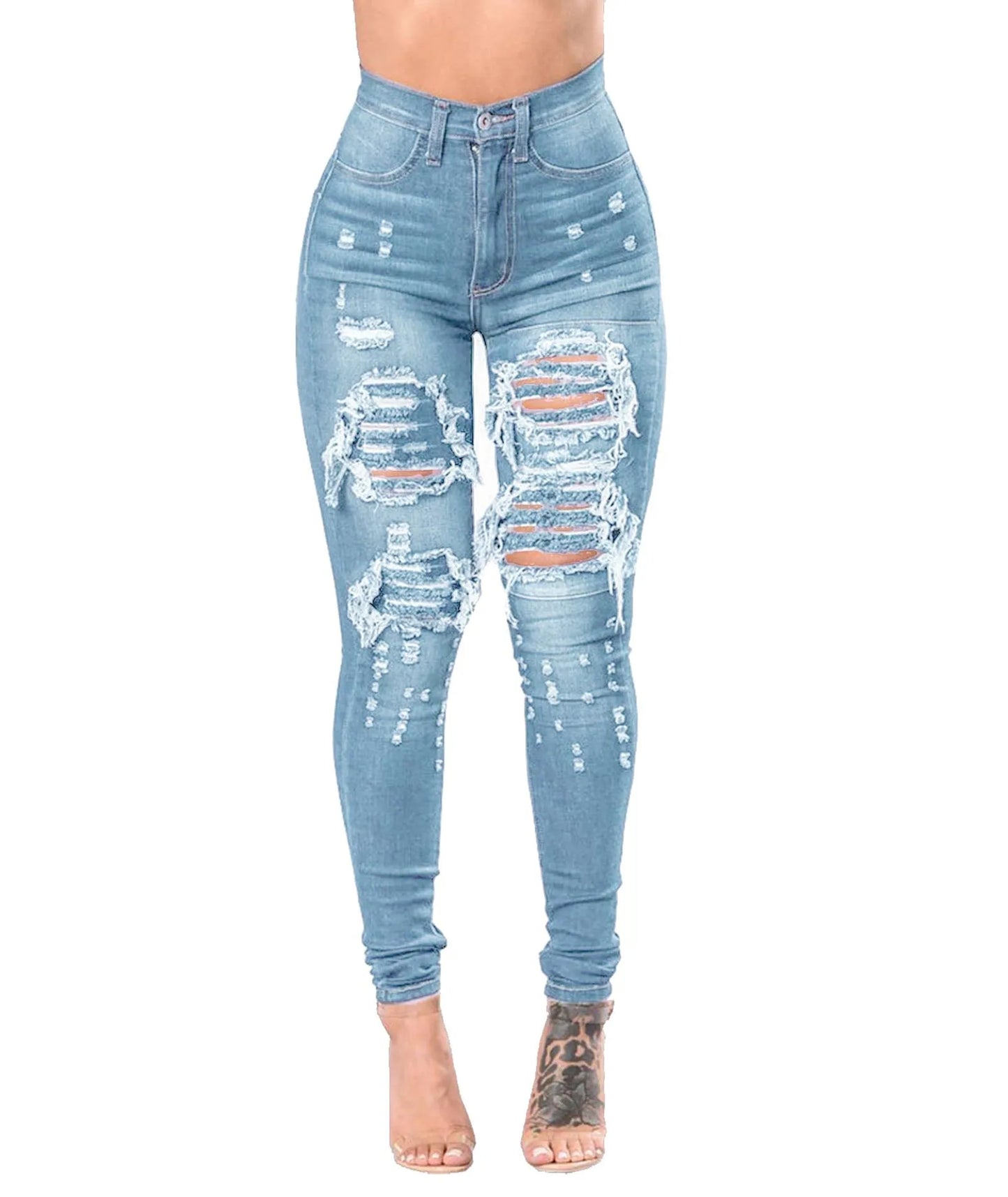 Denim Pencil Pants High Waist Ripped Jeans For Women Fashion Stretch Skinny Casual Slim Trousers S-3XL