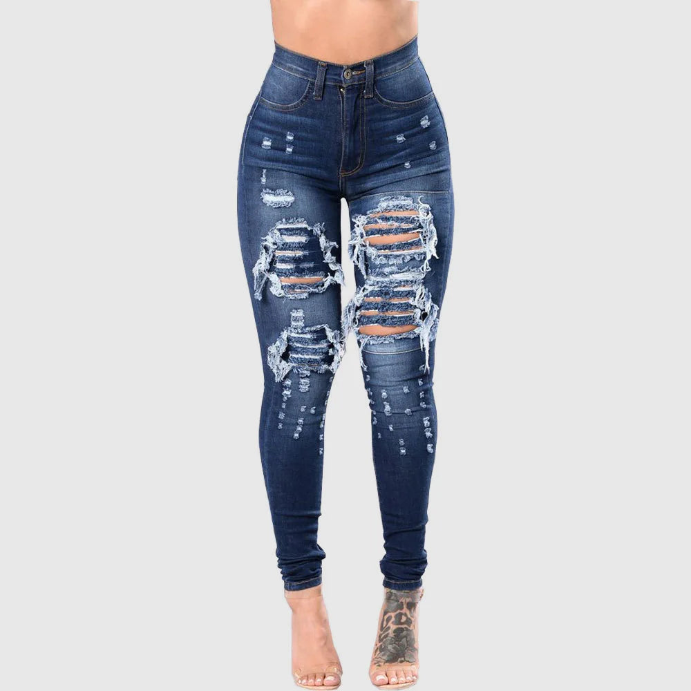 Denim Pencil Pants High Waist Ripped Jeans For Women Fashion Stretch Skinny Casual Slim Trousers S-3XL