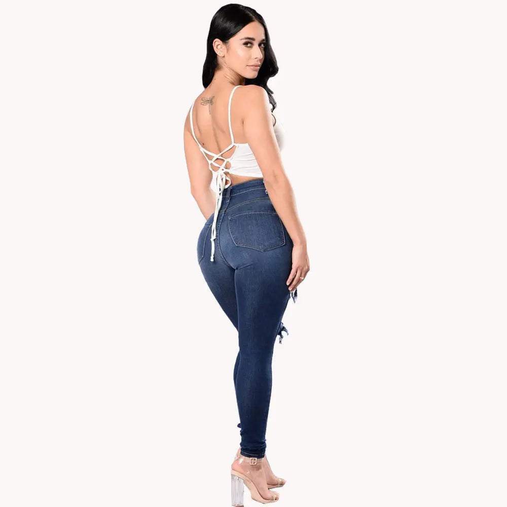 Denim Pencil Pants High Waist Ripped Jeans For Women Fashion Stretch Skinny Casual Slim Trousers S-3XL