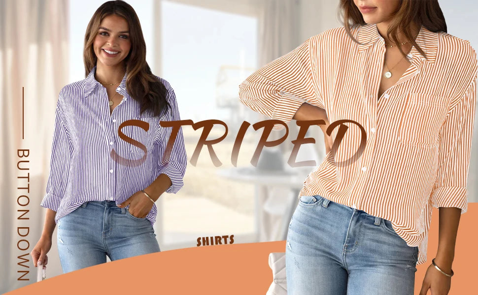 Women's Shirt Blouse Pink Striped classic Print, Button Long Sleeve Casual  No pockets Daily Basic Shirt