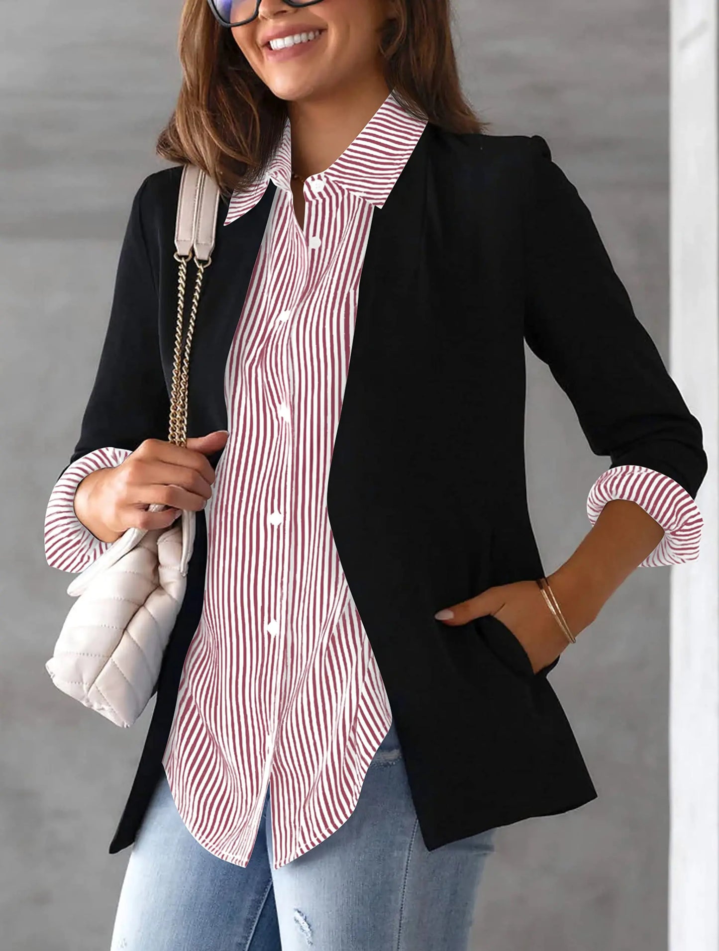 Women's Shirt Blouse Pink Striped classic Print, Button Long Sleeve Casual  No pockets Daily Basic Shirt