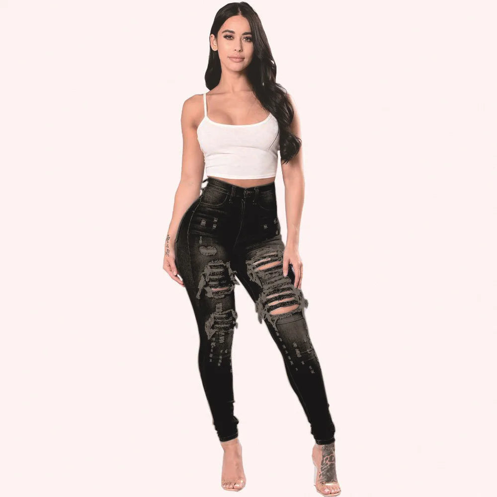 Denim Pencil Pants High Waist Ripped Jeans For Women Fashion Stretch Skinny Casual Slim Trousers S-3XL