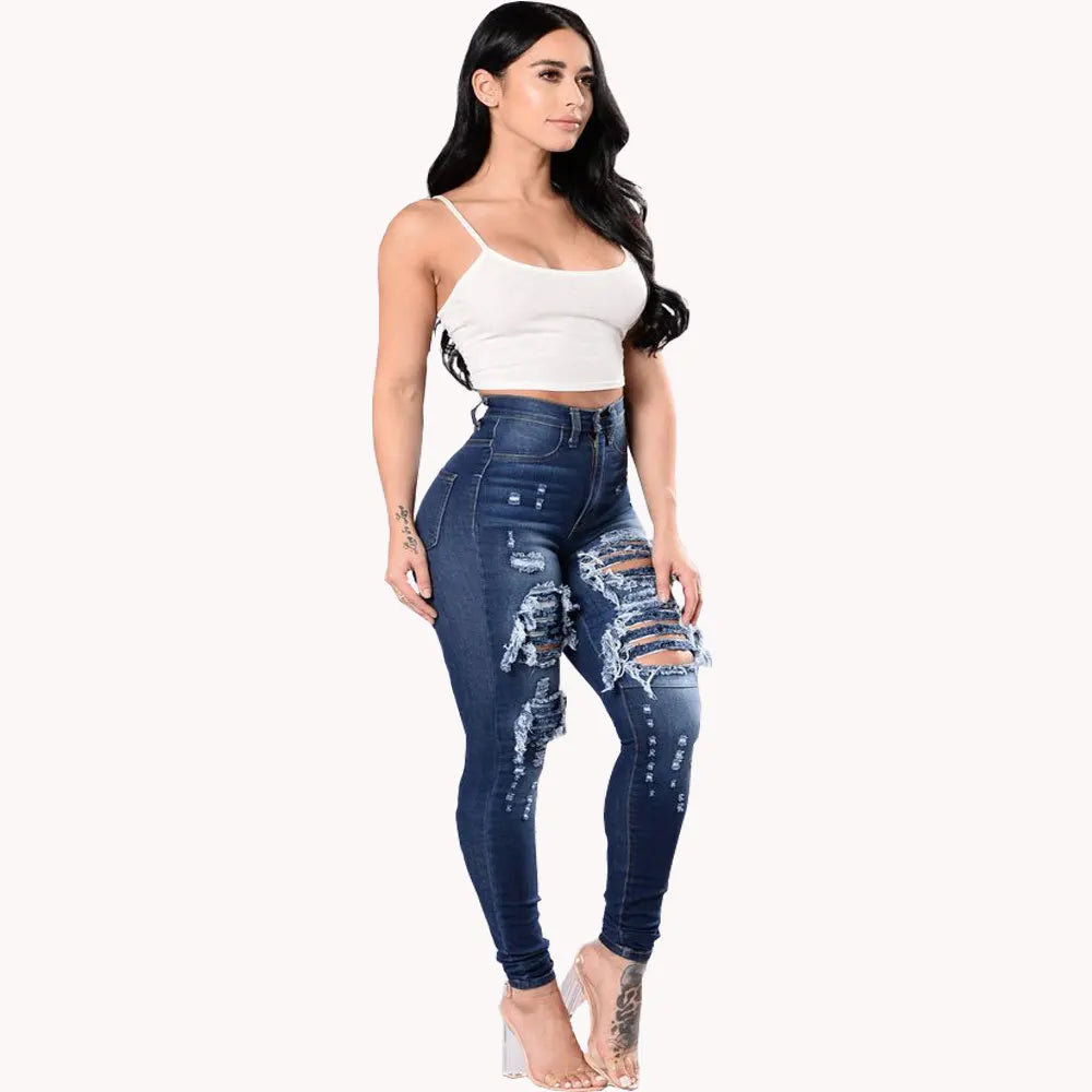 Denim Pencil Pants High Waist Ripped Jeans For Women Fashion Stretch Skinny Casual Slim Trousers S-3XL