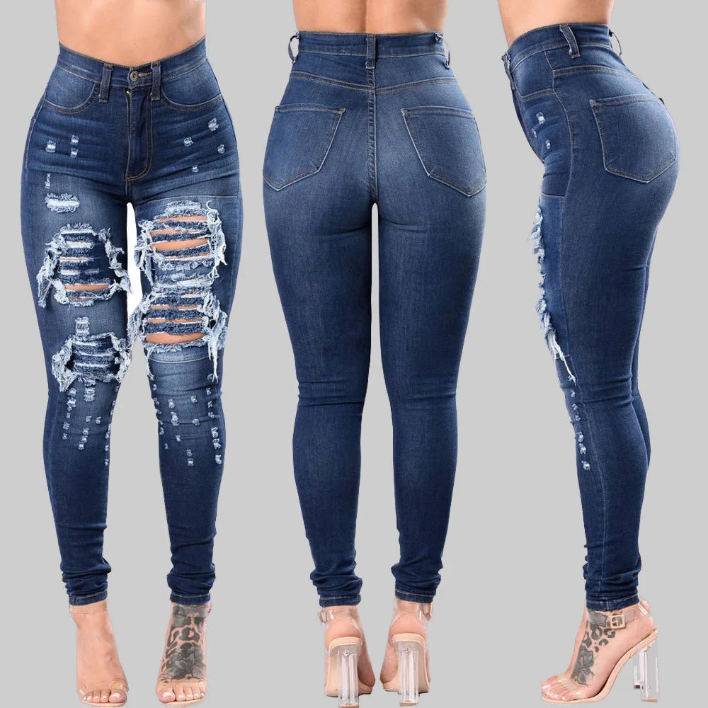 Denim Pencil Pants High Waist Ripped Jeans For Women Fashion Stretch Skinny Casual Slim Trousers S-3XL