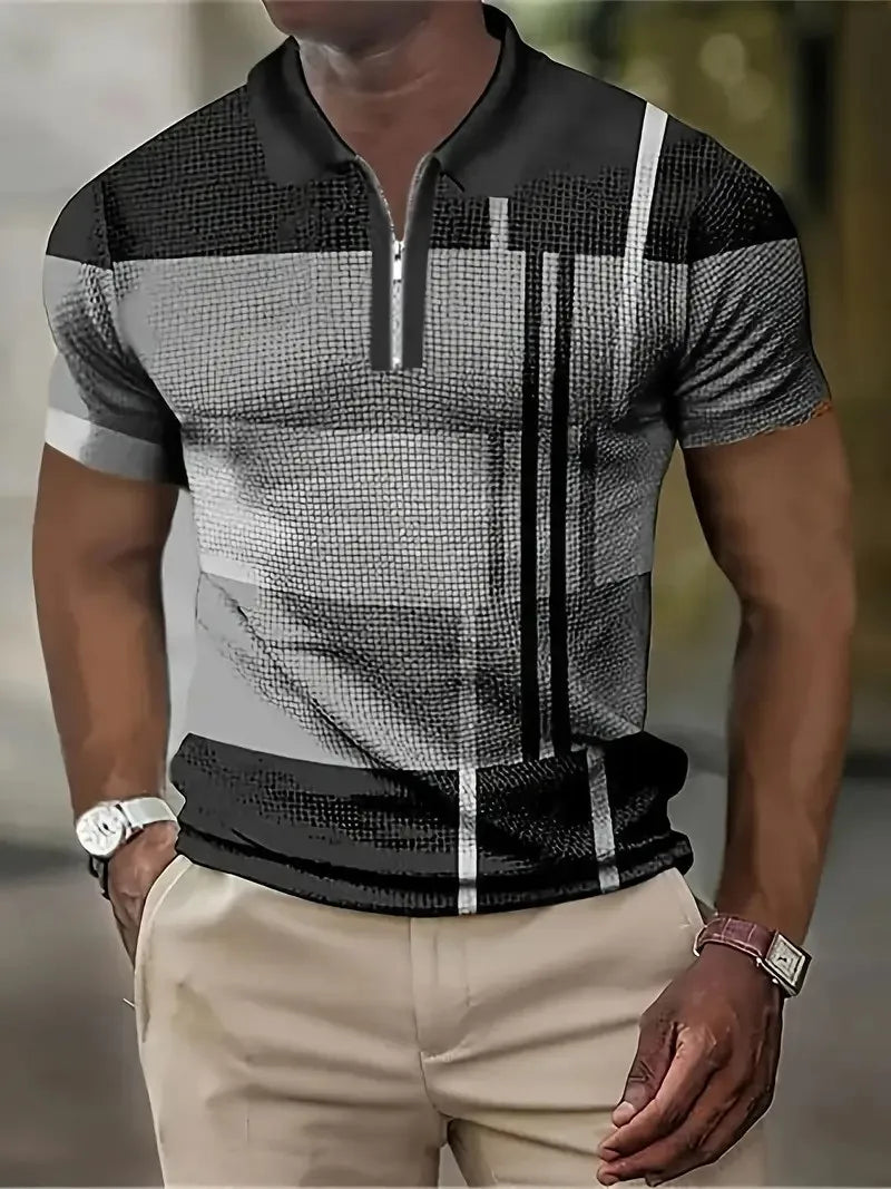 Men's Polo Shirt Fashion Dot Print T Shirt Zip Polo Shirt Retro Casual Short Sleeve Summer Streetwear Men's Casual Plus Size