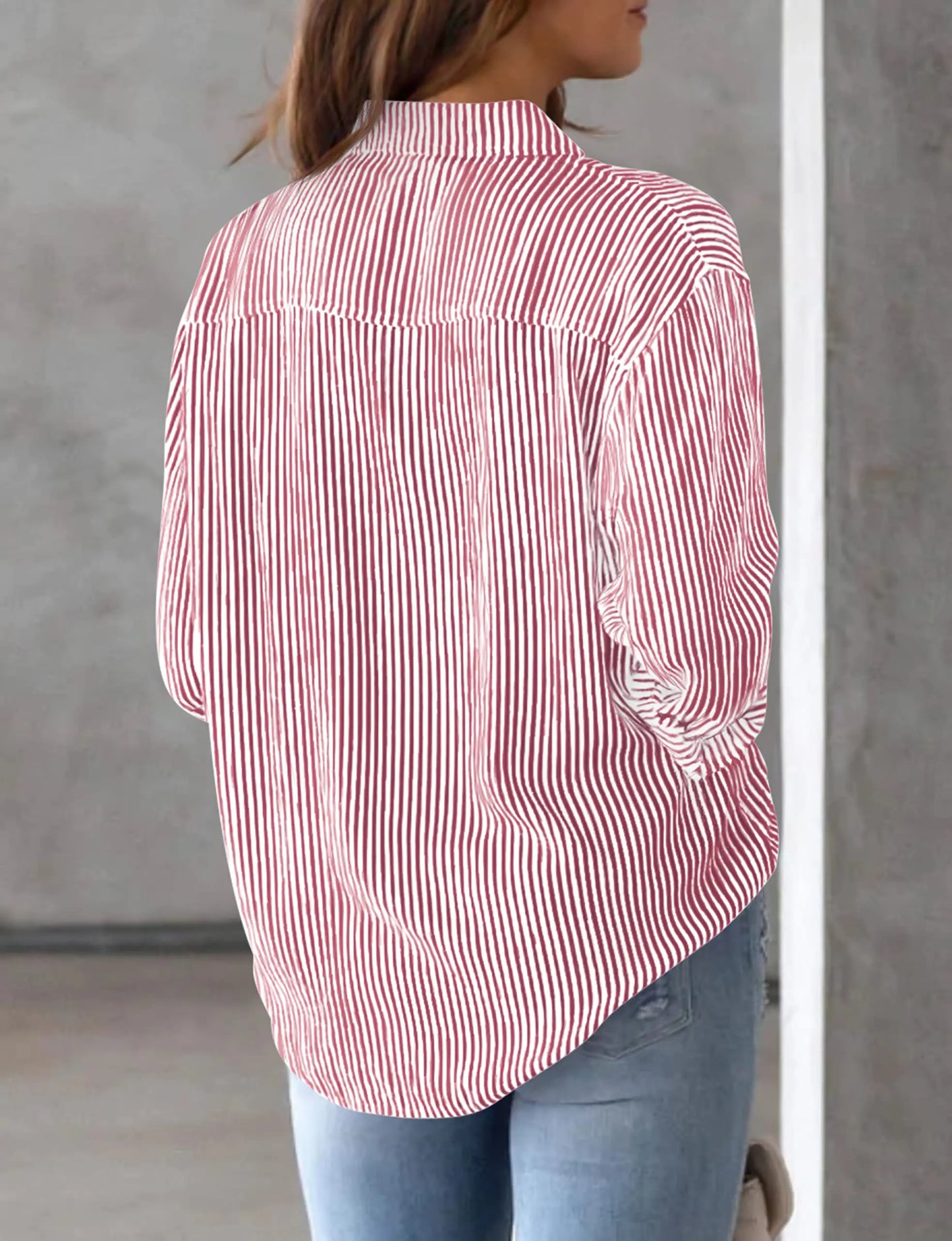 Women's Shirt Blouse Pink Striped classic Print, Button Long Sleeve Casual  No pockets Daily Basic Shirt