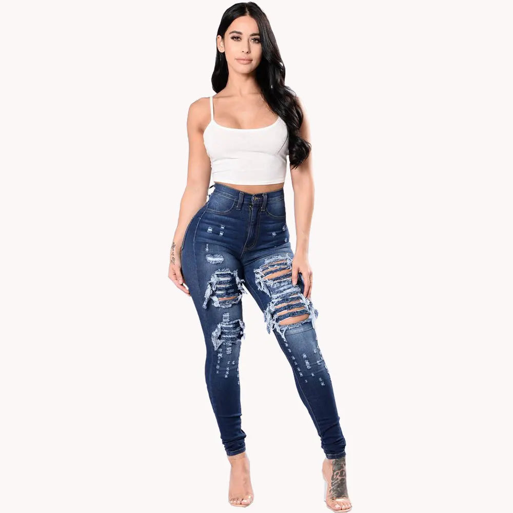 Denim Pencil Pants High Waist Ripped Jeans For Women Fashion Stretch Skinny Casual Slim Trousers S-3XL