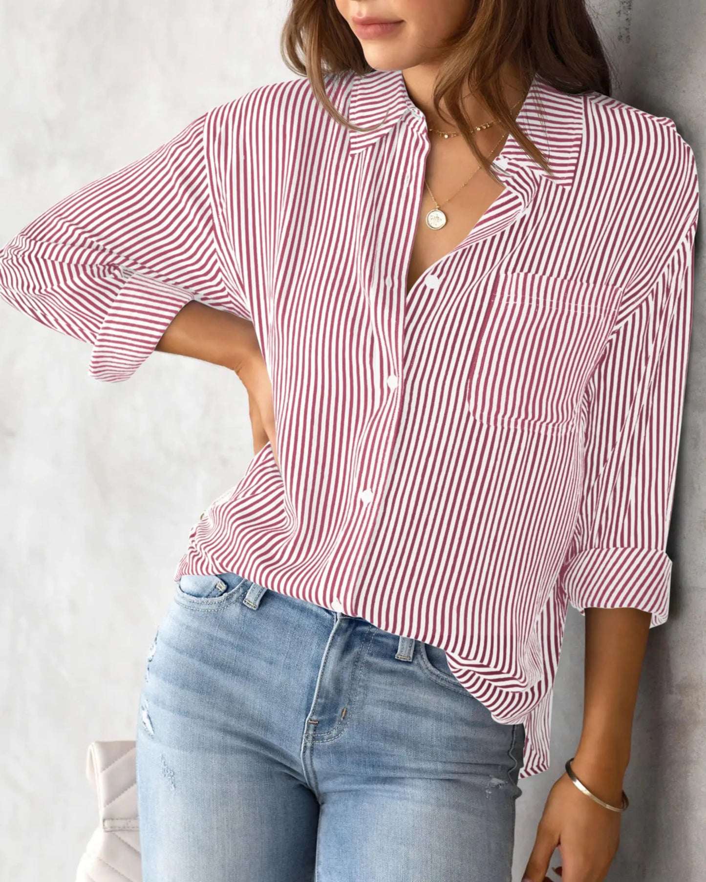 Women's Shirt Blouse Pink Striped classic Print, Button Long Sleeve Casual  No pockets Daily Basic Shirt