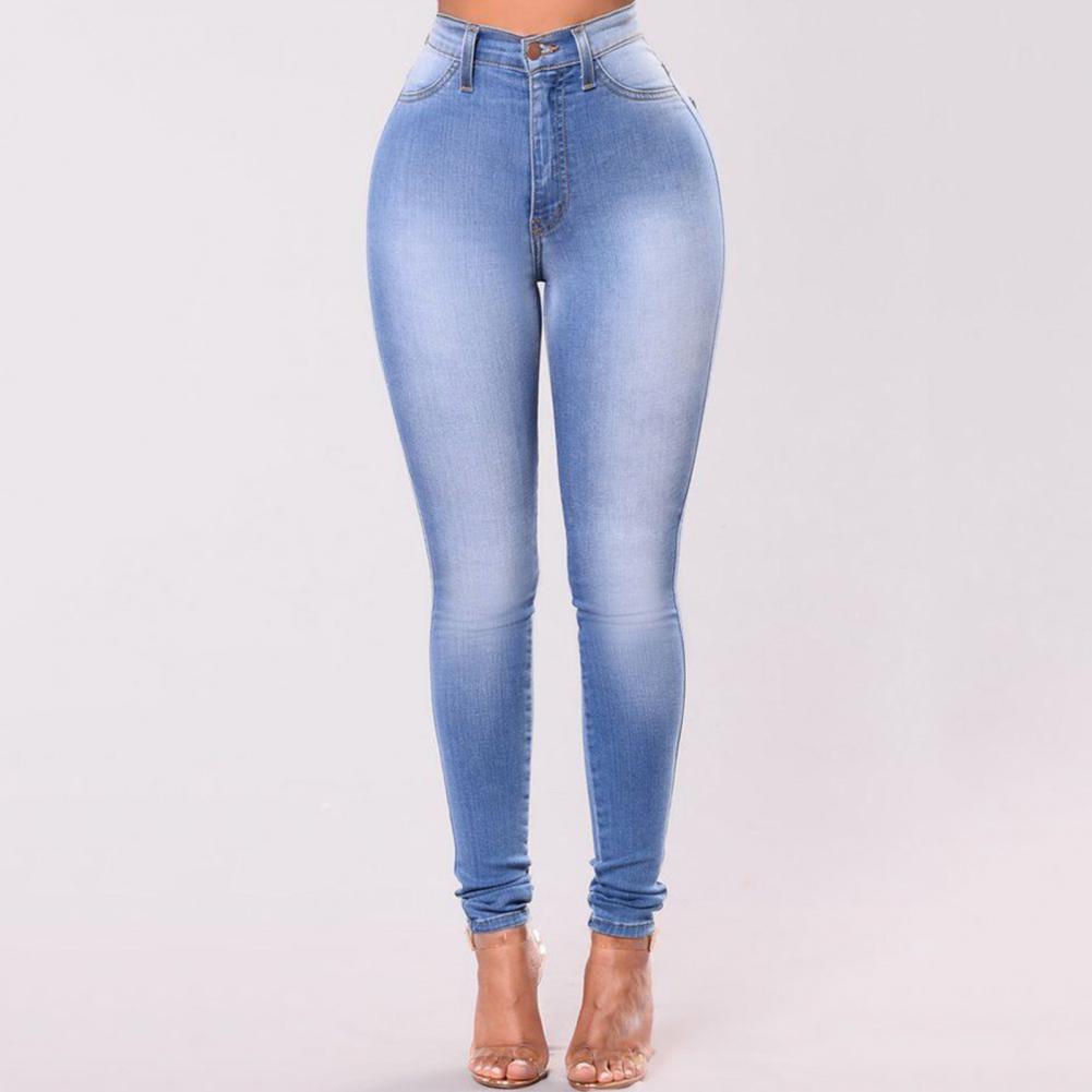 Vintage Women High Waist Denim Pencil Pants Bootcut Winter Pull-on Skinny Jeans Blue