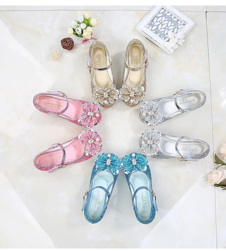 Princess Butterfly Leather Shoes Kids Diamond Bowknot High Heel