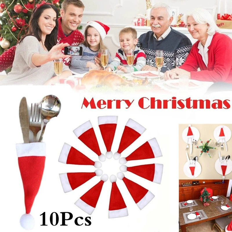 10pcs Christmas Fork Knife Cutlery Holder Bag Pocket/Mini Lollipop Santa Claus Hats Lollypop Cap Christmas Table Decor New Year