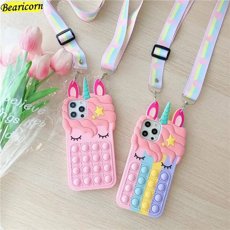 Pop Fidget Toys Bubble Case For iPhone 11 12 13 Pro X Xs Max XR 6 6s 7 8 Plus 5 5s SE Mini Cartoon Unicorn Soft Silicone Cover