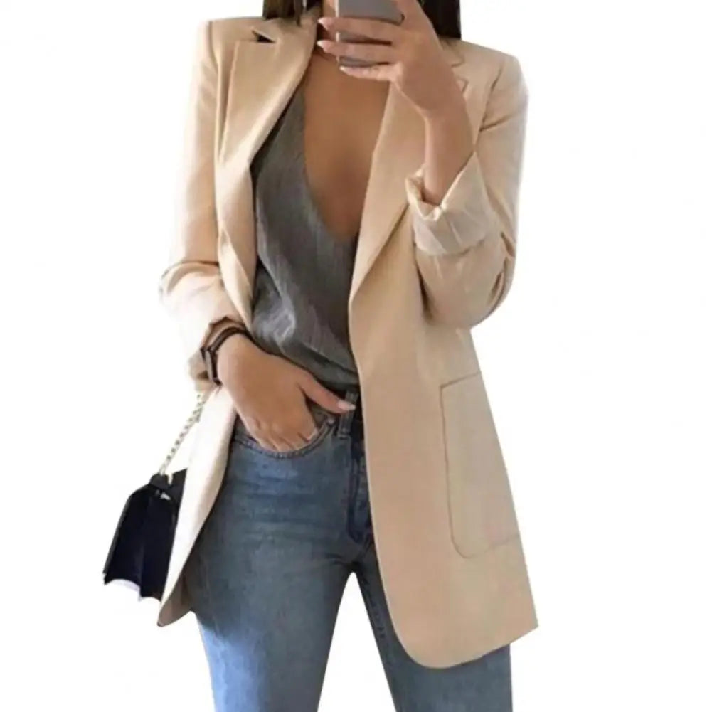 Summer Women Blazer Jacket Office Lady Slim Suit Overcoat Solid Color Long Blazer