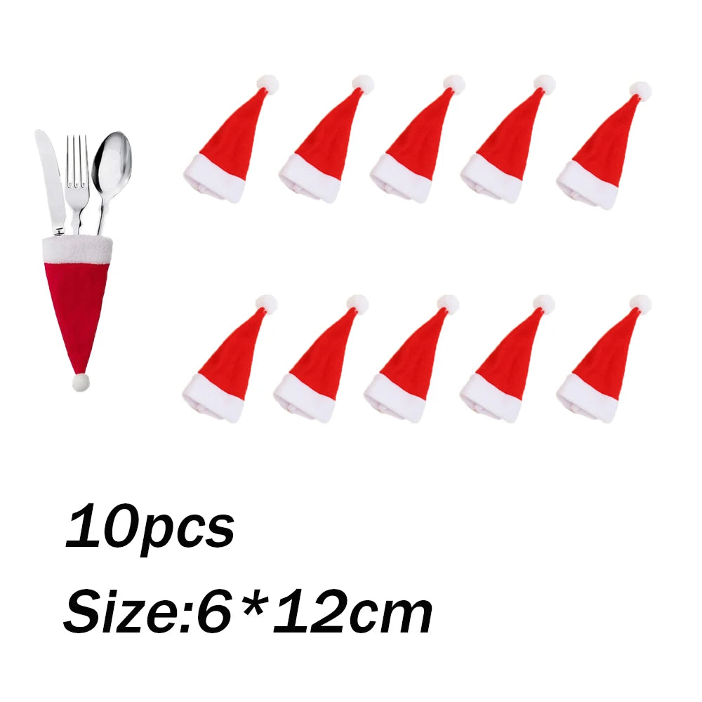 10pcs Christmas Fork Knife Cutlery Holder Bag Pocket/Mini Lollipop Santa Claus Hats Lollypop Cap Christmas Table Decor New Year