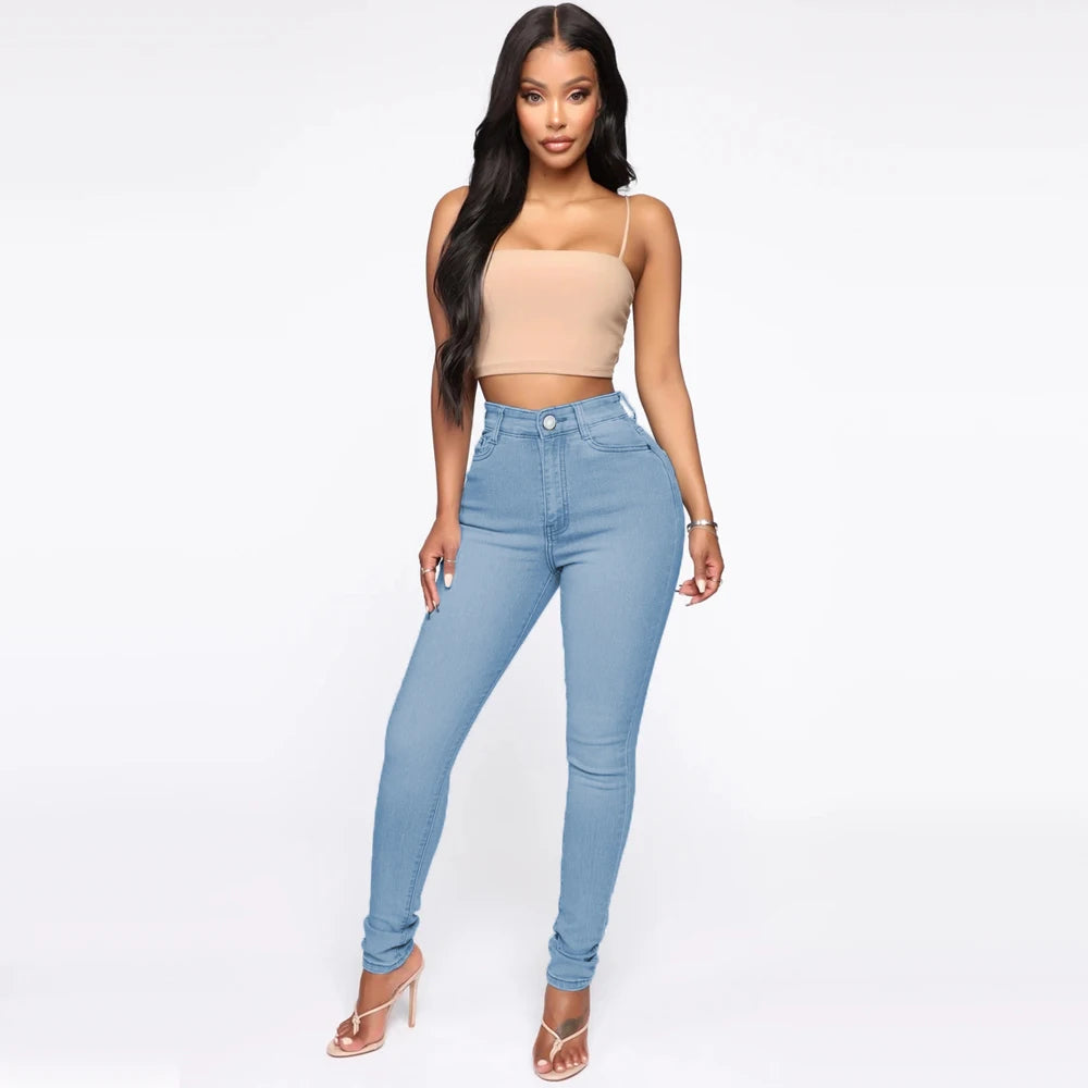 High Waist Women's Jeans Pants Stretch Skinny Denim Pants Blue Retro Elastic Slim Pencil Trousers