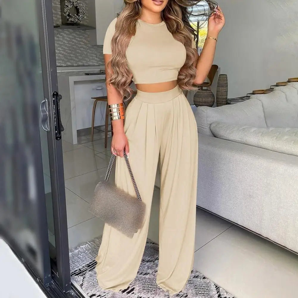 Elegant Summer Solid Casual Fitness Tracksuit Set Outfits Short Sleeve Crop Tops Trouser Flare Pants 2 Two Piece Set