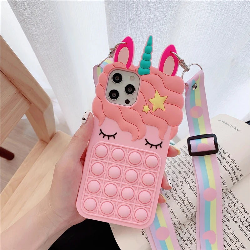 Pop Fidget Toys Bubble Case For iPhone 11 12 13 Pro X Xs Max XR 6 6s 7 8 Plus 5 5s SE Mini Cartoon Unicorn Soft Silicone Cover