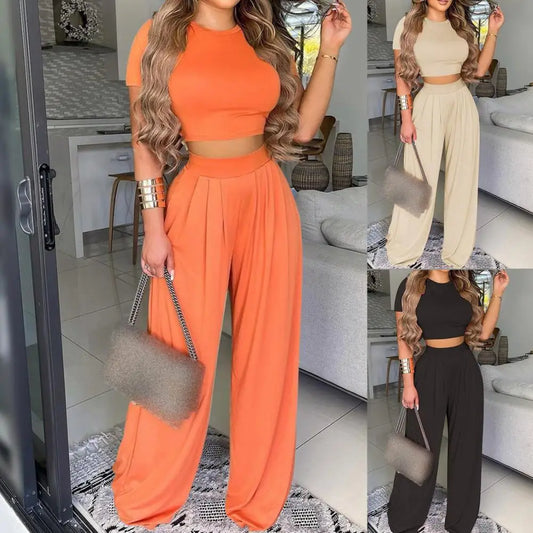 Elegant Summer Solid Casual Fitness Tracksuit Set Outfits Short Sleeve Crop Tops Trouser Flare Pants 2 Two Piece Set