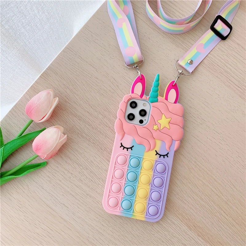 Pop Fidget Toys Bubble Case For iPhone 11 12 13 Pro X Xs Max XR 6 6s 7 8 Plus 5 5s SE Mini Cartoon Unicorn Soft Silicone Cover