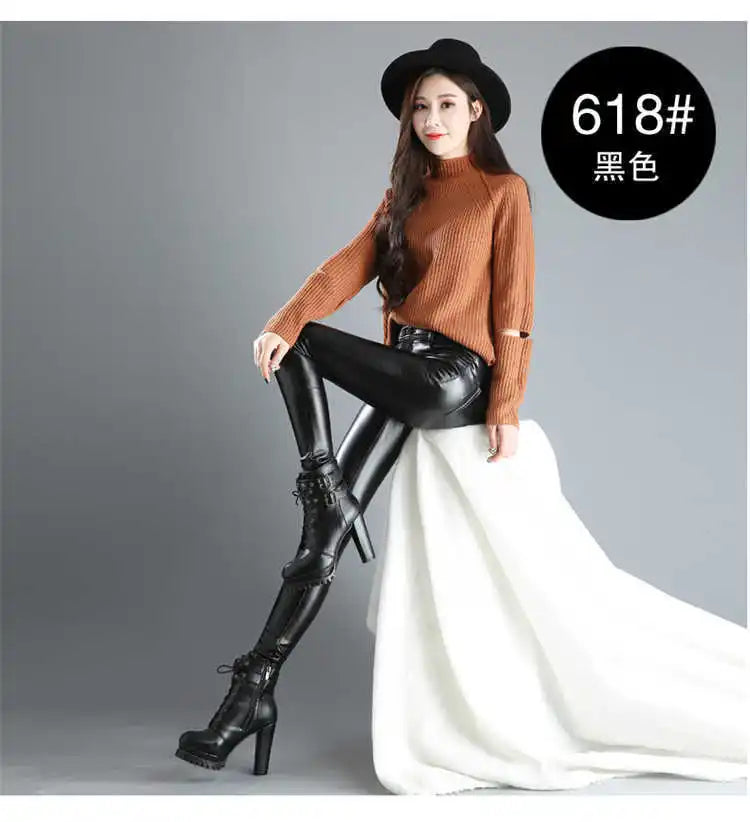 Autumn Winter women leather pants High elastic shiny trousers slim female pencil leather pants women