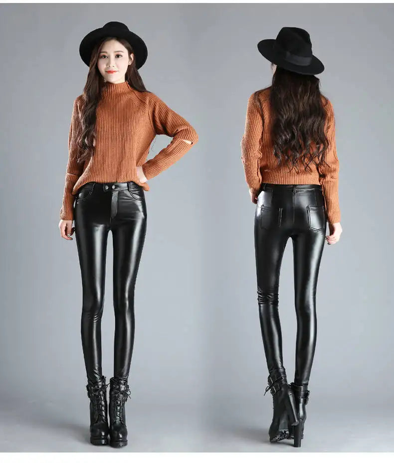 Autumn Winter women leather pants High elastic shiny trousers slim female pencil leather pants women