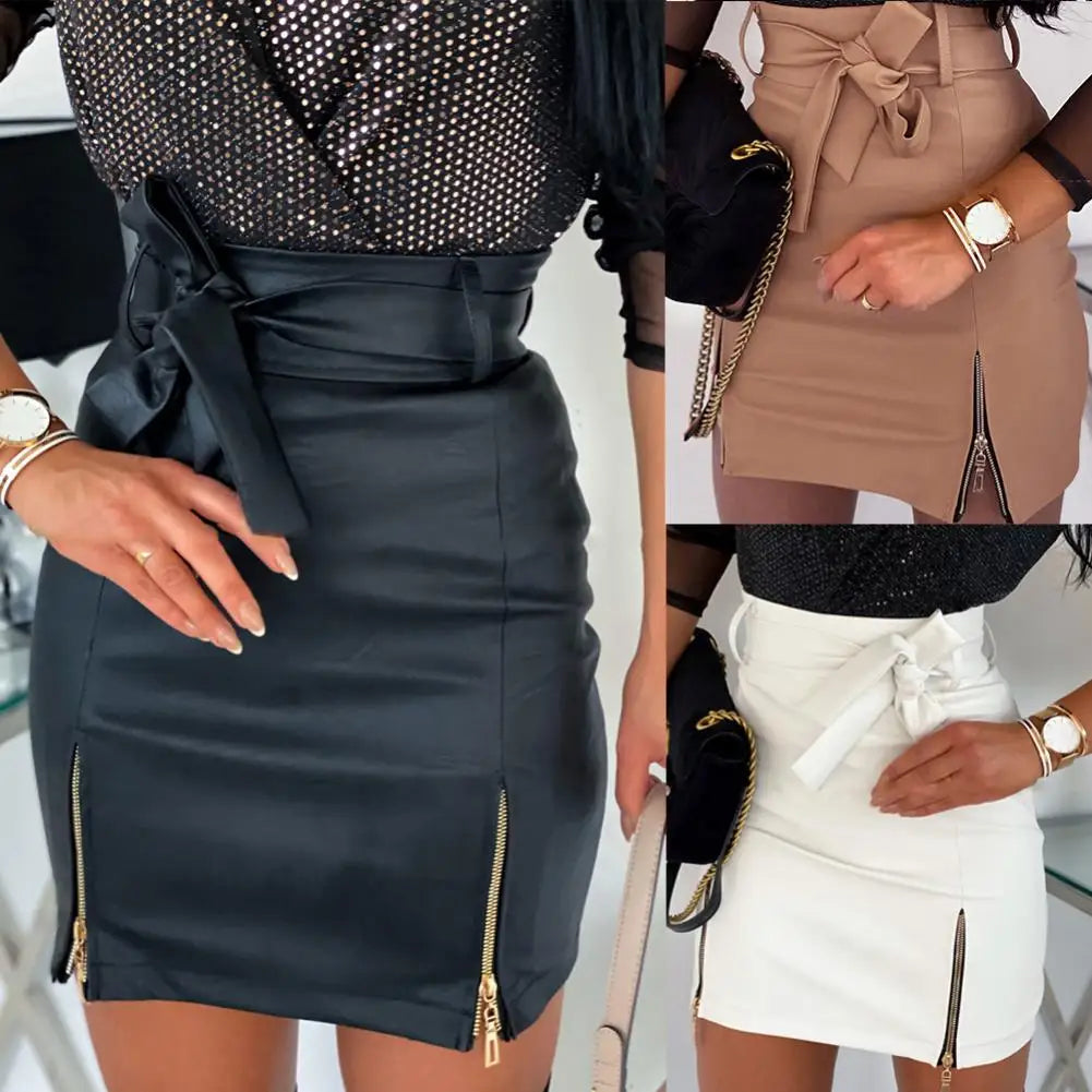 Pencil Mini Skirts High Waist Leather Split Sheath Wrap