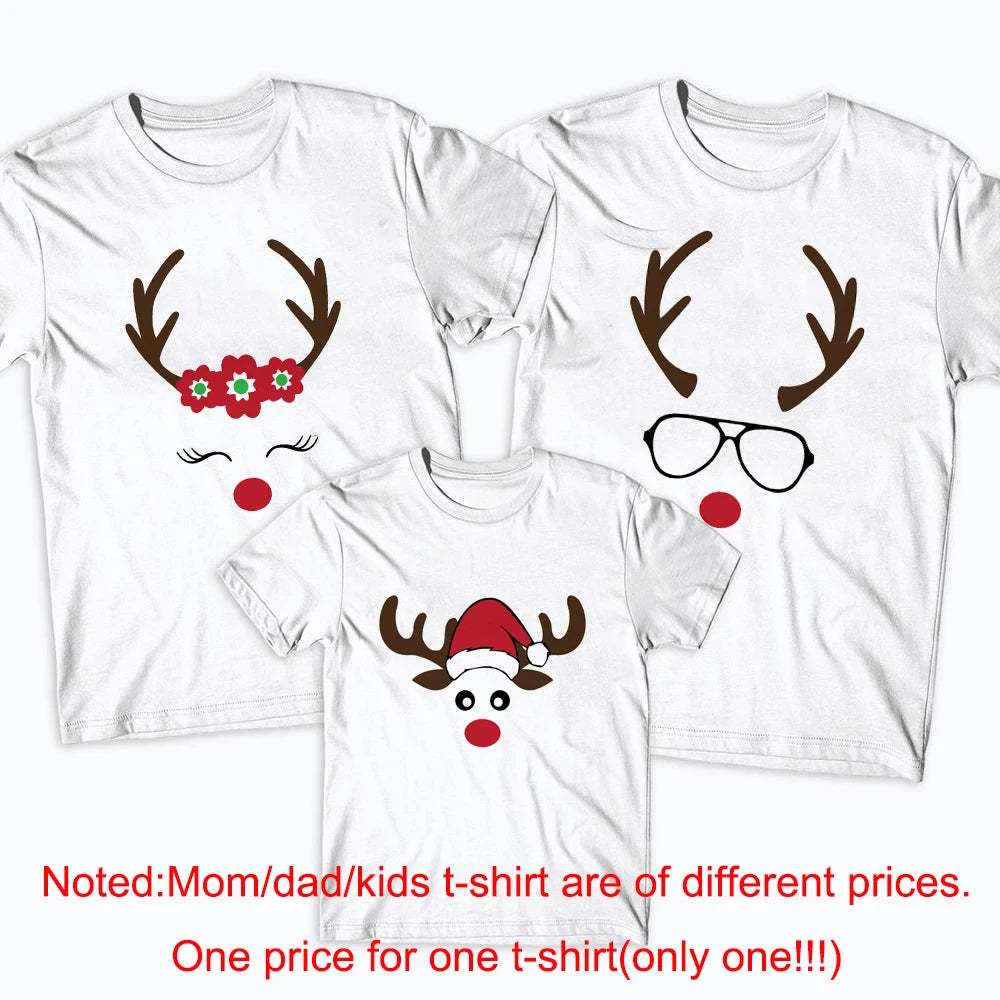 1pcs Reindeer Face Family Matching Christmas T-shirts Kids Santa Hat Dad Glasses Mom Lashes Xmas 2020 Clothing Tops Camisetas