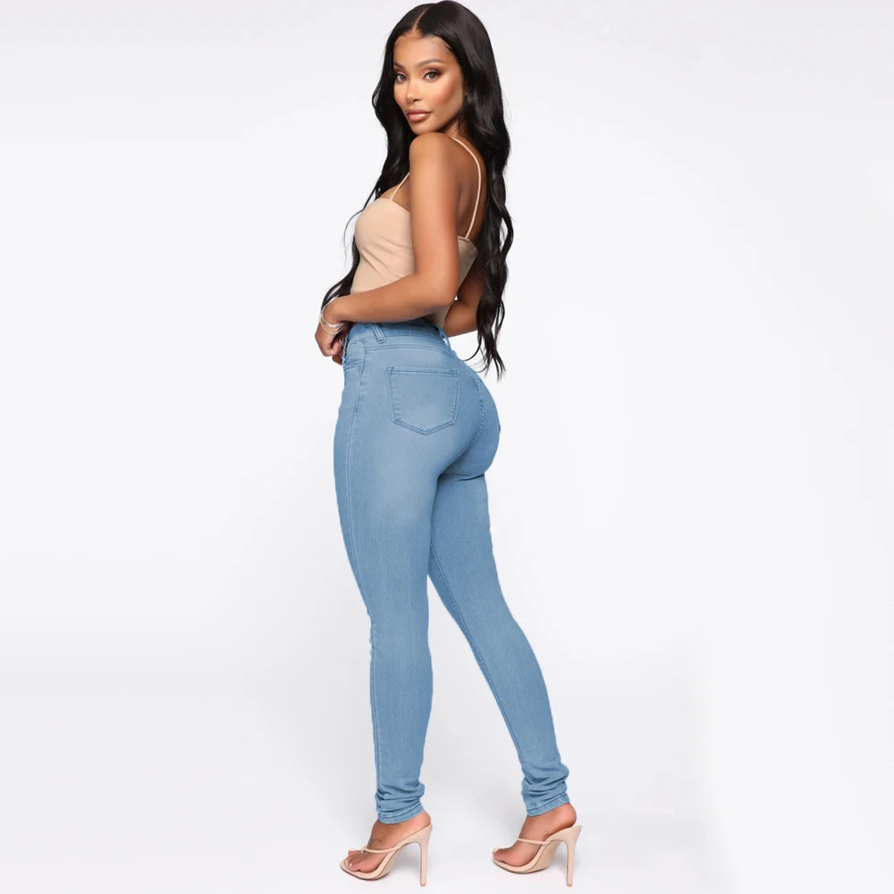 High Waist Women's Jeans Pants Stretch Skinny Denim Pants Blue Retro Elastic Slim Pencil Trousers