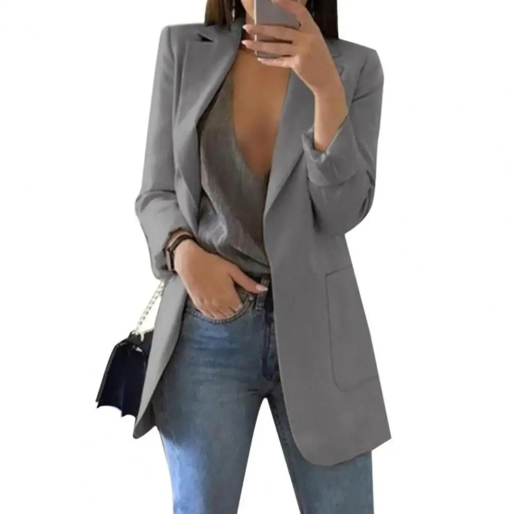 Summer Women Blazer Jacket Office Lady Slim Suit Overcoat Solid Color Long Blazer