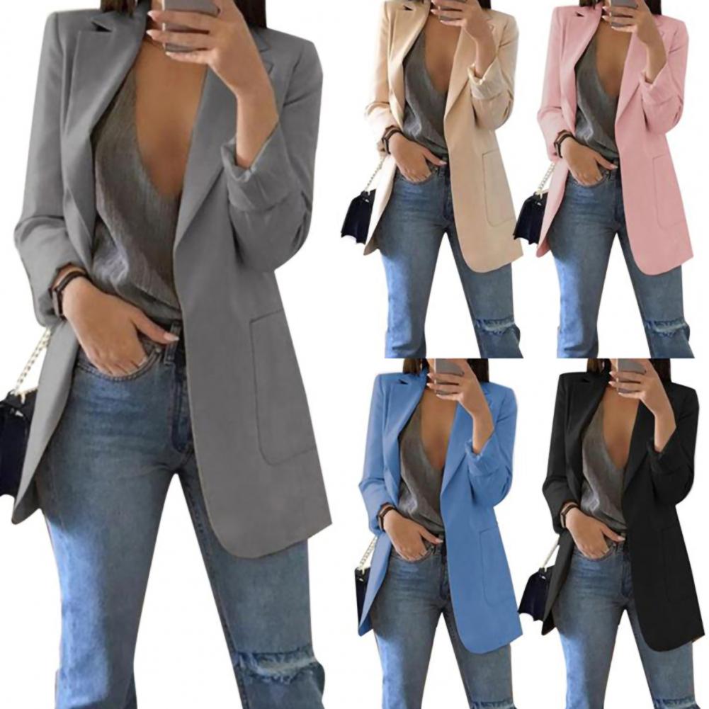 Summer Women Blazer Jacket Office Lady Slim Suit Overcoat Solid Color Long Blazer