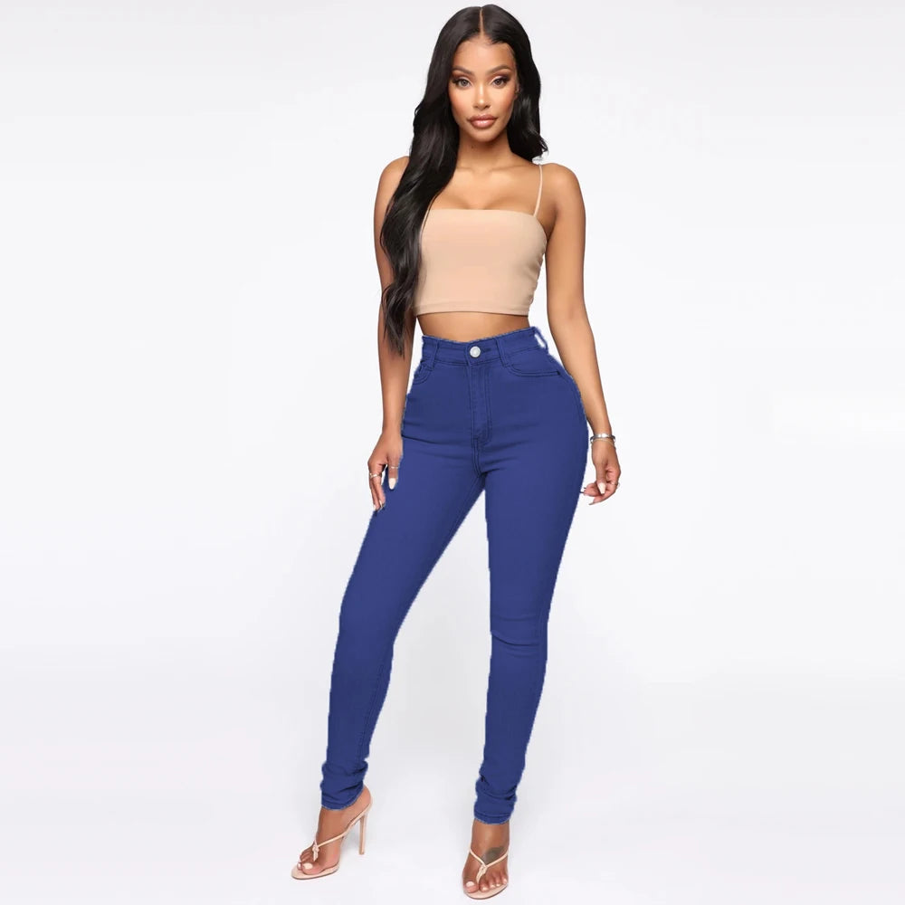 High Waist Women's Jeans Pants Stretch Skinny Denim Pants Blue Retro Elastic Slim Pencil Trousers