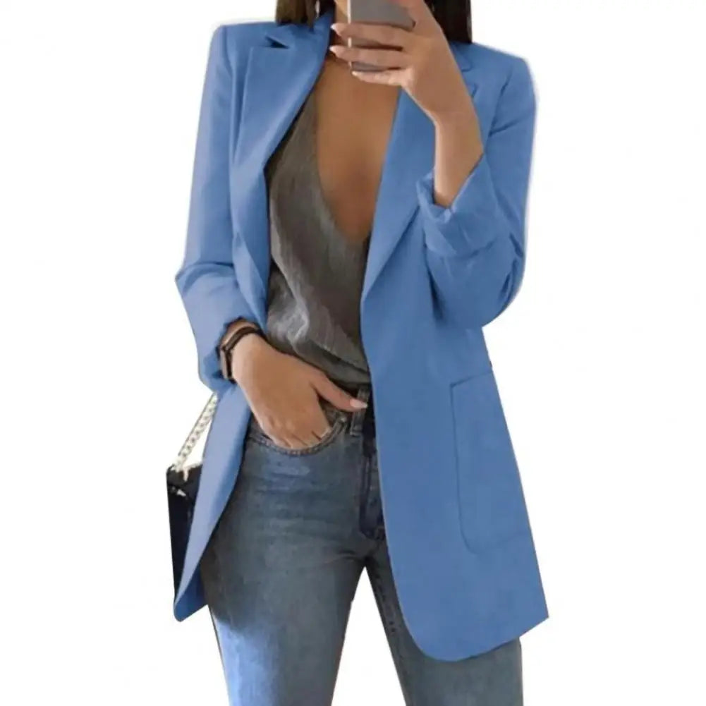 Summer Women Blazer Jacket Office Lady Slim Suit Overcoat Solid Color Long Blazer