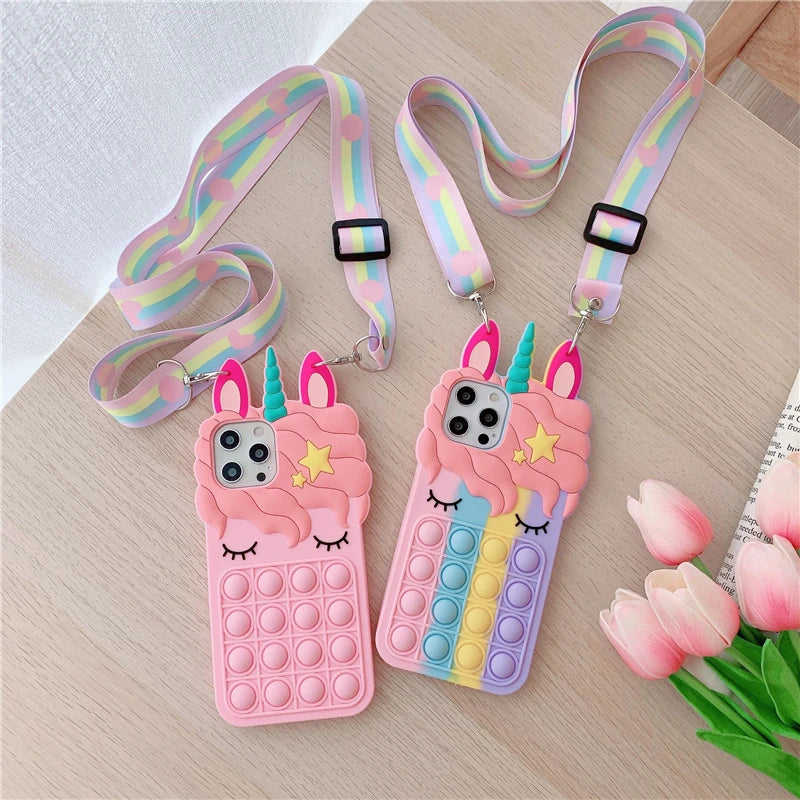 Pop Fidget Toys Bubble Case For iPhone 11 12 13 Pro X Xs Max XR 6 6s 7 8 Plus 5 5s SE Mini Cartoon Unicorn Soft Silicone Cover