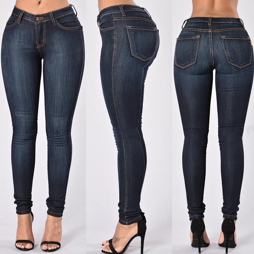 Vintage Women High Waist Denim Pencil Pants Bootcut Winter Pull-on Skinny Jeans Blue