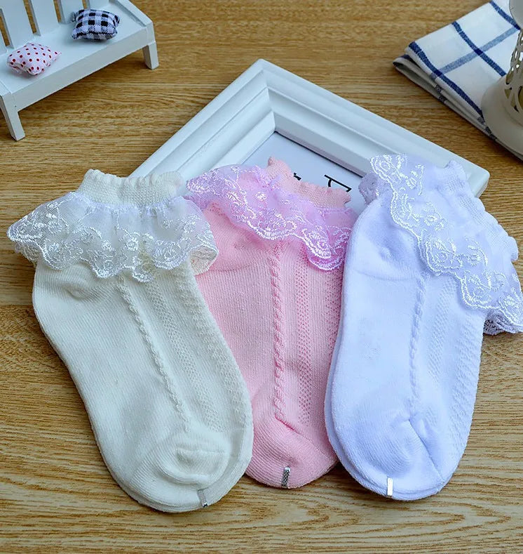 Baby Girls Ankle Socks Breathable Cotton Lace with Ruffle Princess Mesh Sock Children Dance Socks