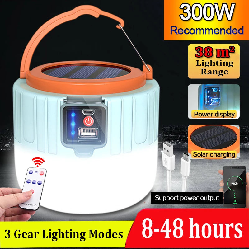 500W Solar Charging Lamp USB Rechargeable Camping Lantern Waterproof Bulb Lamp Portable Night Light Emergency Light Solar Lamp