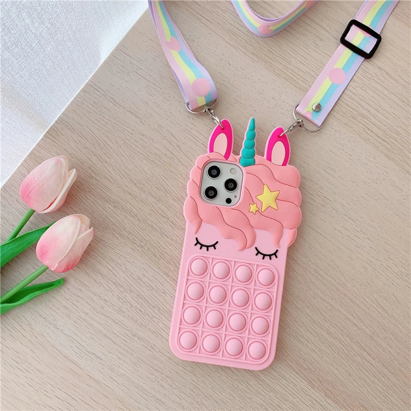 Pop Fidget Toys Bubble Case For iPhone 11 12 13 Pro X Xs Max XR 6 6s 7 8 Plus 5 5s SE Mini Cartoon Unicorn Soft Silicone Cover