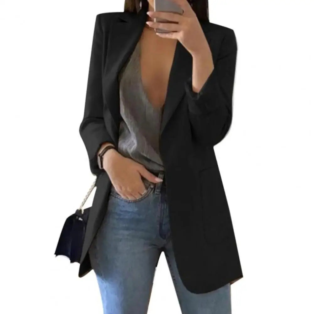 Summer Women Blazer Jacket Office Lady Slim Suit Overcoat Solid Color Long Blazer