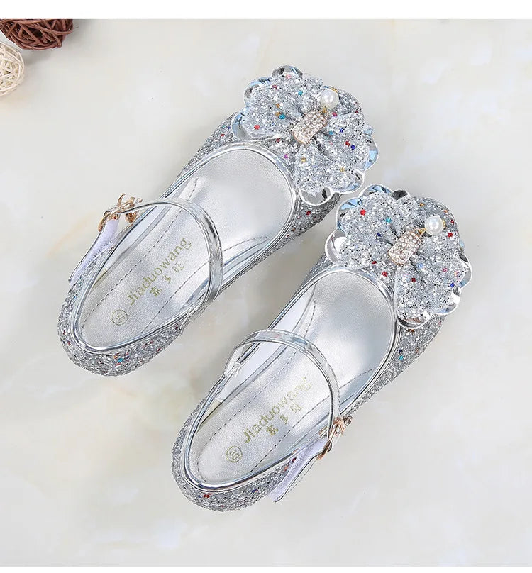 Princess Butterfly Leather Shoes Kids Diamond Bowknot High Heel