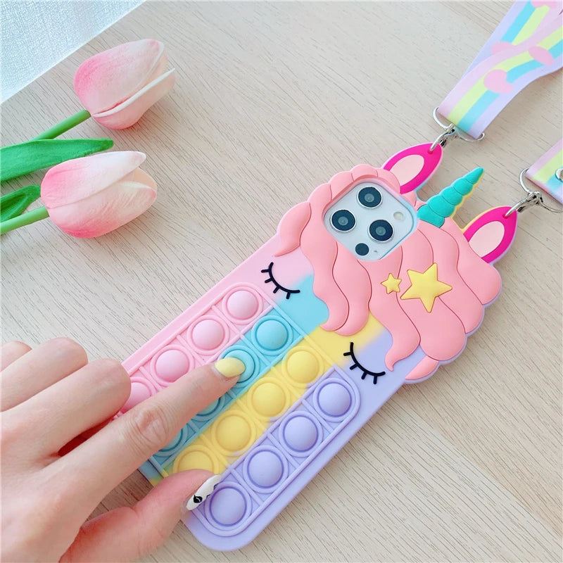 Pop Fidget Toys Bubble Case For iPhone 11 12 13 Pro X Xs Max XR 6 6s 7 8 Plus 5 5s SE Mini Cartoon Unicorn Soft Silicone Cover