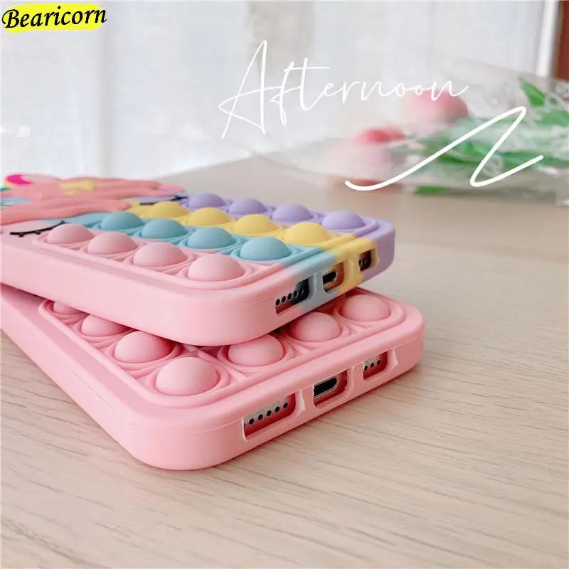 Pop Fidget Toys Bubble Case For iPhone 11 12 13 Pro X Xs Max XR 6 6s 7 8 Plus 5 5s SE Mini Cartoon Unicorn Soft Silicone Cover