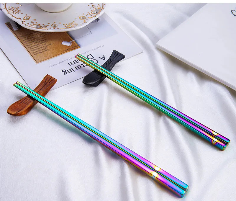 1 Pair Stainless Steel Tableware Colorful Length 23cm Reusable Chopsticks Dishware Silver Iron Antiskid Household Metal Chinese