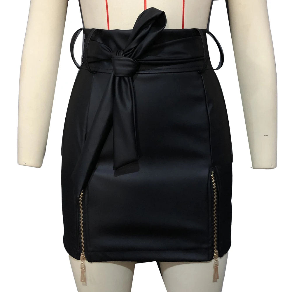 Pencil Mini Skirts High Waist Leather Split Sheath Wrap