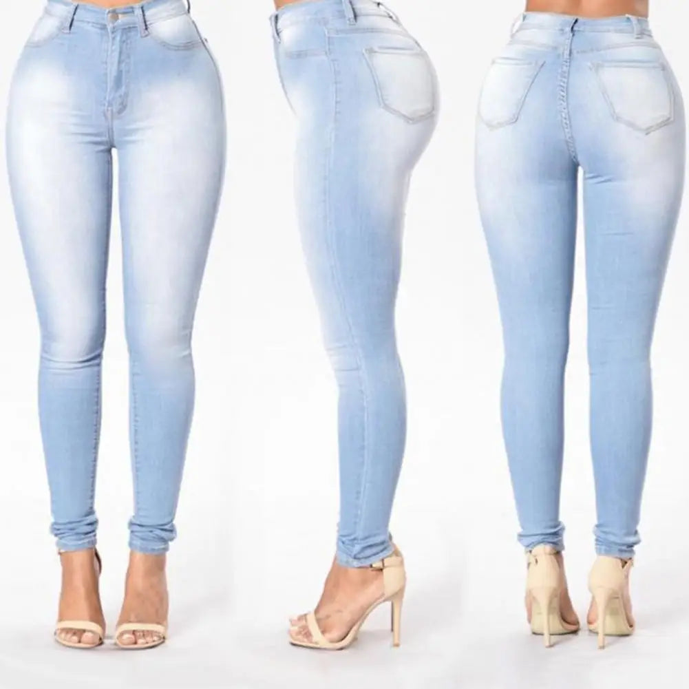 Vintage Women High Waist Denim Pencil Pants Bootcut Winter Pull-on Skinny Jeans Blue