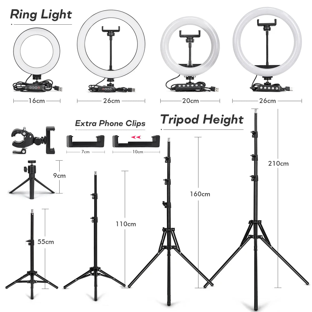 Tripod With LED Ring Light For Phone Tripod Camera Stand Selfie Photography Light LED Lamp Color Photo Studio For YouTube Live