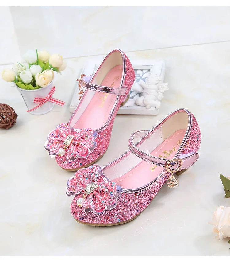 Princess Butterfly Leather Shoes Kids Diamond Bowknot High Heel