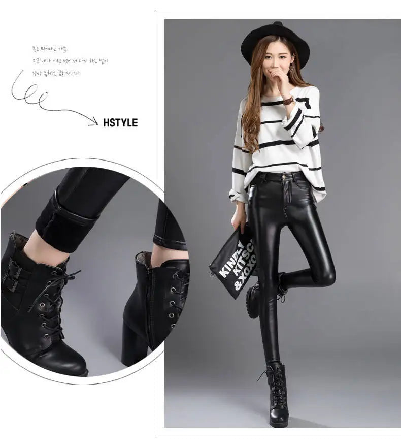 Autumn Winter women leather pants High elastic shiny trousers slim female pencil leather pants women