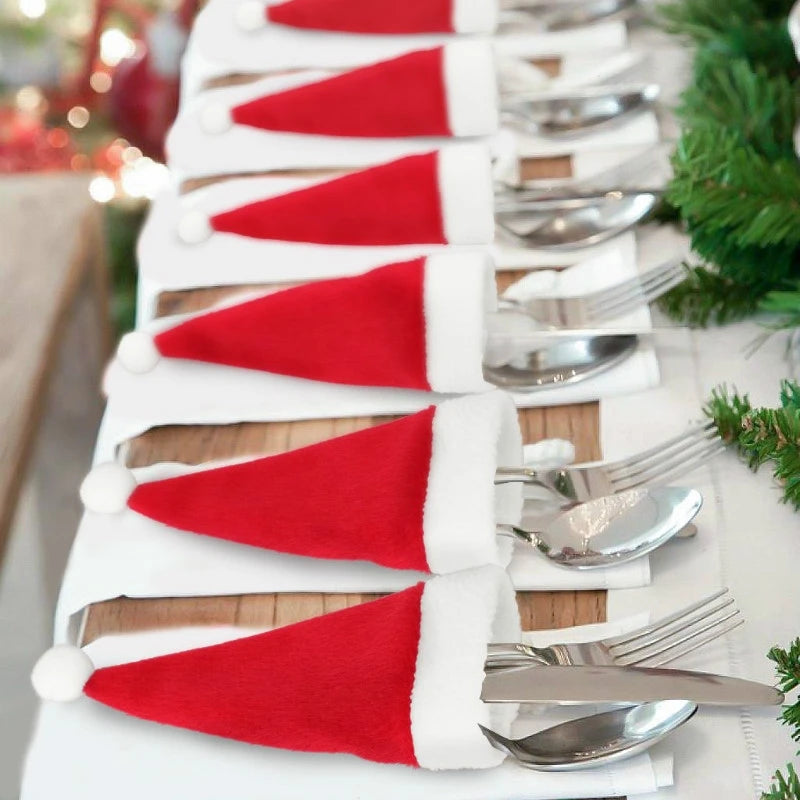 10pcs Christmas Fork Knife Cutlery Holder Bag Pocket/Mini Lollipop Santa Claus Hats Lollypop Cap Christmas Table Decor New Year