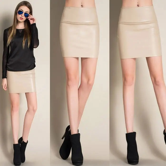 Women Mini Faux Leather Pencil Skirts High Waist PU Skirts Slim Short Skirt Bottoms Female